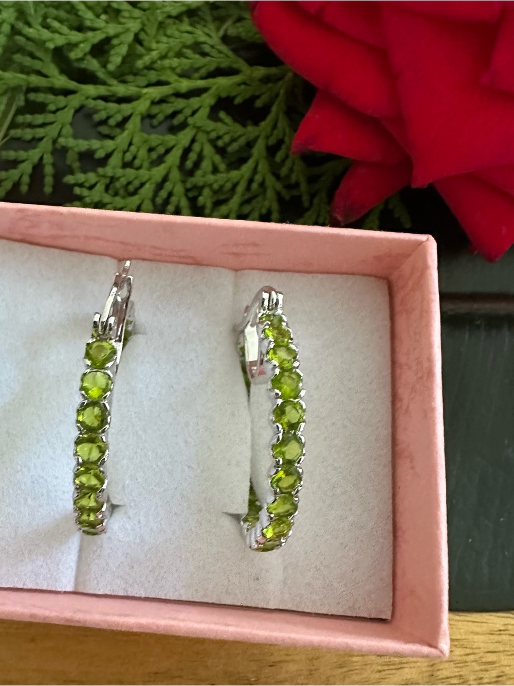 Sterling Silver 925 Hoop Earrings with Green Peridot Stones